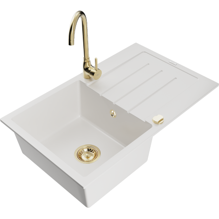 Mexen Bruno granitový dřez 1-komorový s odkapávačem a kuchyňskou baterií Telma, bílý - 6513-20-670200-50