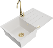 Mexen Bruno granitový dřez 1-komorový s odkapávačem a kuchyňskou baterií Telma, bílý - 6513-20-670200-50