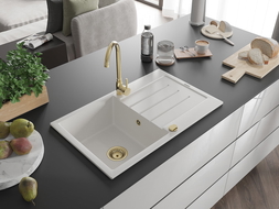 Mexen Bruno granitový dřez 1-komorový s odkapávačem a kuchyňskou baterií Telma, bílý - 6513-20-670200-50