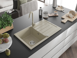 Mexen Bruno granitový dřez 1-komorový s odkapávačem a kuchyňskou baterií Telma, béžový - 6513-69-670200-69