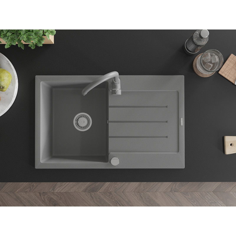 Mexen Bruno žulový dřez s 1 komorou a odkapávačem a kuchyňskou baterií Telma, šedý - 6513-71-670200-71