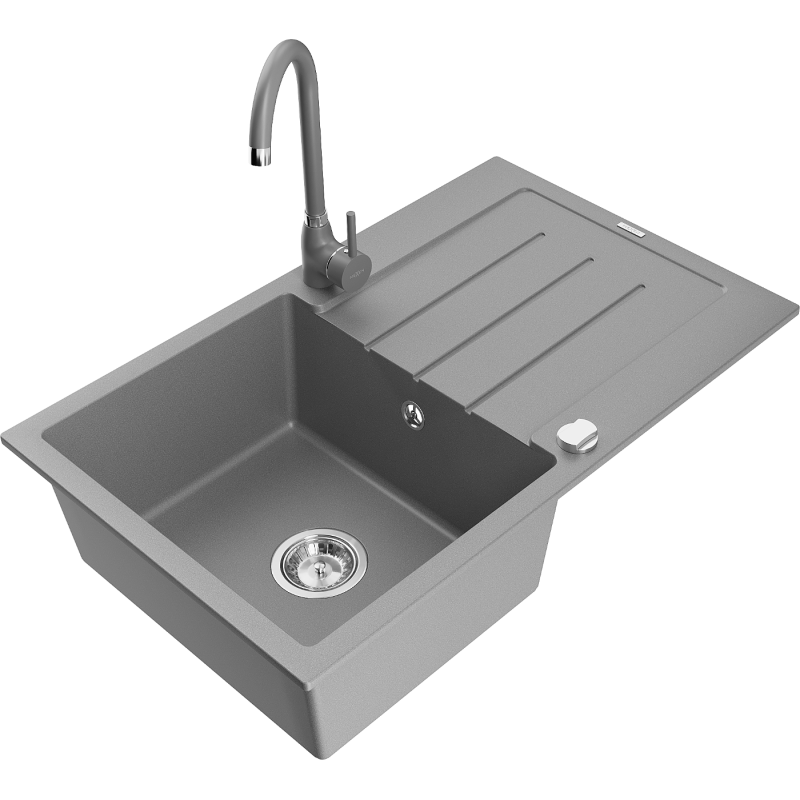 Mexen Bruno žulový dřez s 1 komorou a odkapávačem a kuchyňskou baterií Telma, šedý - 6513-71-670200-71