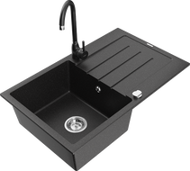 Mexen Bruno granitový dřez 1-komorový s odkapávačem a kuchyňskou baterií Telma, černý/stříbrný - 6513-73-670200-70