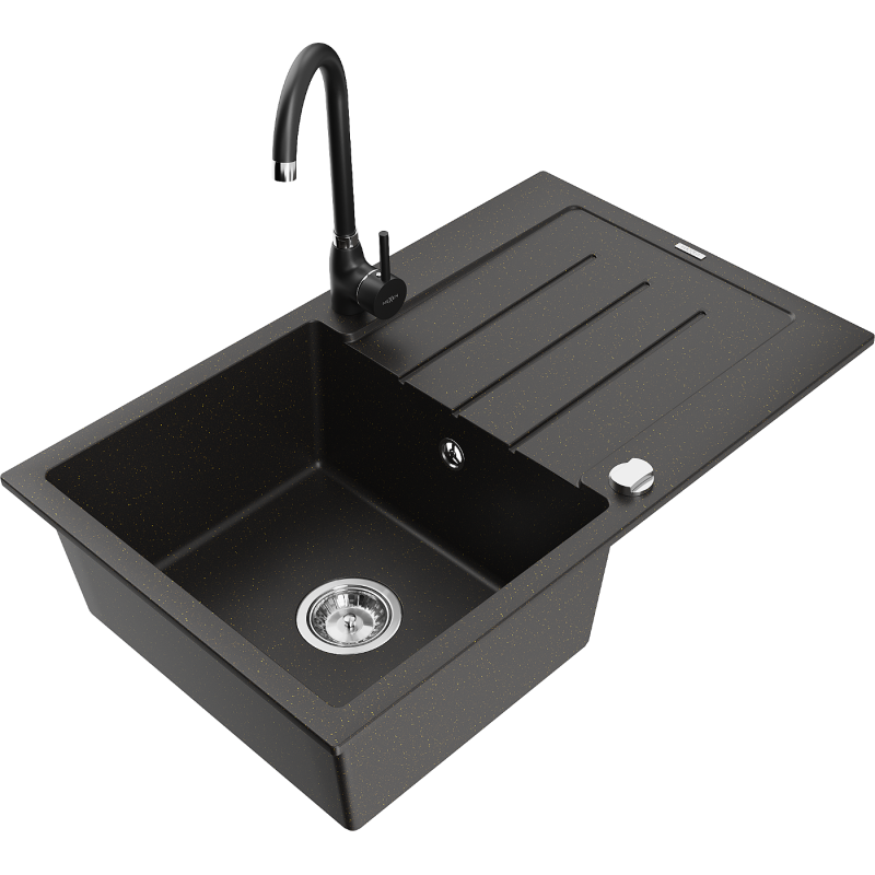 Mexen Bruno granitový dřez 1-komorový s odkapávačem a kuchyňskou baterií Telma, černý/zlatý - 6513-75-670200-70