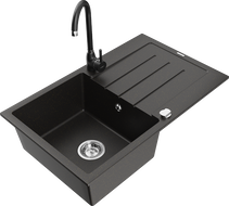 Mexen Bruno granitový dřez 1-komorový s odkapávačem a kuchyňskou baterií Telma, černý/zlatý - 6513-75-670200-70