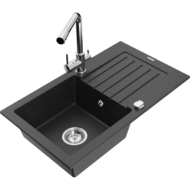 Mexen Pablo granitový dřez 1-komorový s odkapávačem a kuchyňskou baterií Duero, černý/stříbrný metalik - 6510-73-671600-00