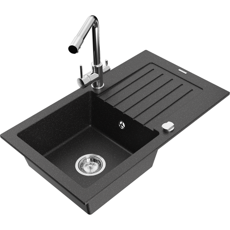 Mexen Pablo granitový dřez 1-komorový s odkapávačem a kuchyňskou baterií Duero, černý/stříbrný metalik - 6510-73-671600-00