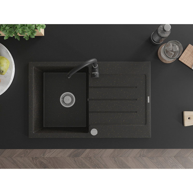 Mexen Bruno granitový dřez 1-komorový s odkapávačem a kuchyňskou baterií Telma, černý/zlatý - 6513-75-670200-70