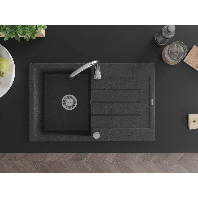 Mexen Bruno granitový dřez 1-komorový s odkapávačem a kuchyňskou baterií Telma, černý kropenatý - 6513-76-670200-00