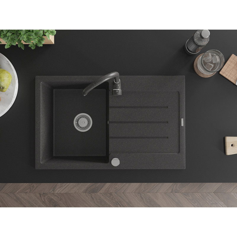 Mexen Bruno žulový dřez 1-komorový s odkapávačem a kuchyňskou baterií Telma, černý tečkovaný - 6513-76-670200-76
