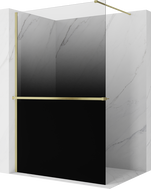Mexen Kioto+ sprchová stěna s policí Walk-in 100 x 200 cm, černá ombre 8 mm, zlatá kartáčovaná - 800-100-121-55-76