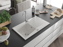 Mexen Cesar granitový dřez 1-komorový s odkapávačem a kuchyňskou baterií Telma, bílý - 6514-20-670200-00