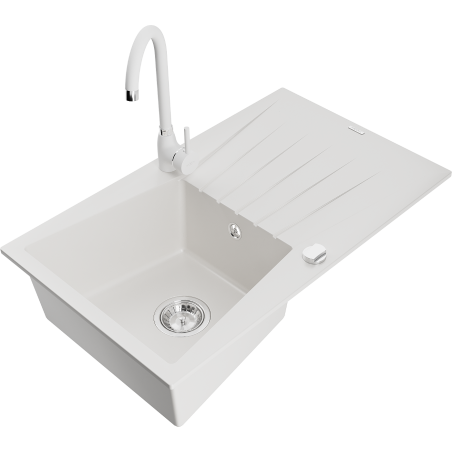 Mexen Cesar granitový dřez 1-komorový s odkapávačem a kuchyňskou baterií Telma, bílý - 6514-20-670200-20