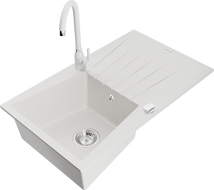 Mexen Cesar granitový dřez 1-komorový s odkapávačem a kuchyňskou baterií Telma, bílý - 6514-20-670200-20