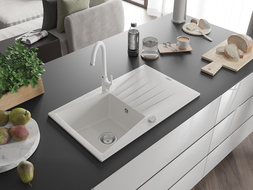 Mexen Cesar granitový dřez 1-komorový s odkapávačem a kuchyňskou baterií Telma, bílý - 6514-20-670200-20