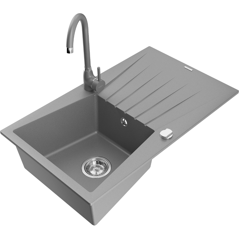Mexen Cesar granitový dřez 1-komorový s odkapávačem a kuchyňskou baterií Telma, šedý - 6514-71-670200-71