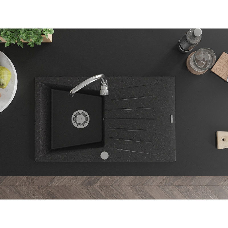 Mexen Cesar žulový dřez s 1 komorou, odkapávací plochou a kuchyňskou baterií Telma, černý/stříbrný - 6514-73-670200-00