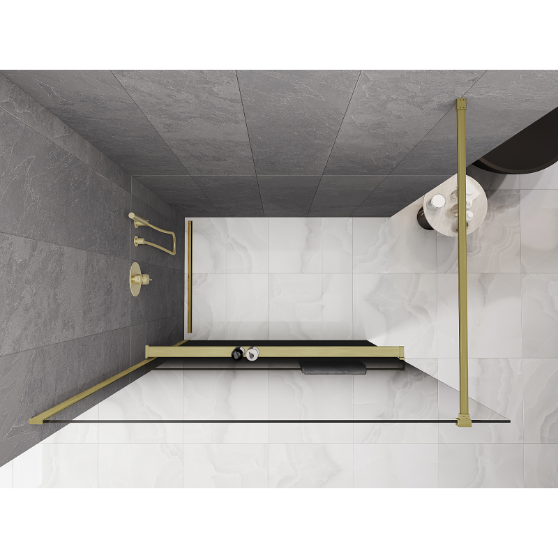 Mexen Kioto+ sprchová stěna s policí Walk-in 90 x 200 cm, ombre černá 8 mm, zlatá kartáčovaná - 800-090-121-55-76