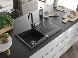 Mexen Cesar granitový dřez s 1 komorou, odkapávačem a kuchyňskou baterií Telma, černý/zlatý - 6514-75-670200-70