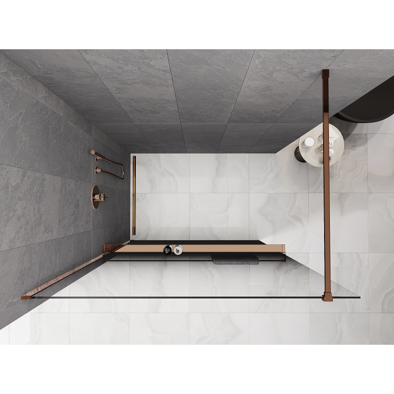 Mexen Kioto+ sprchová stěna s poličkou Walk-in 150 x 200 cm, ombre černá 8 mm, růžové zlato - 800-150-121-60-76