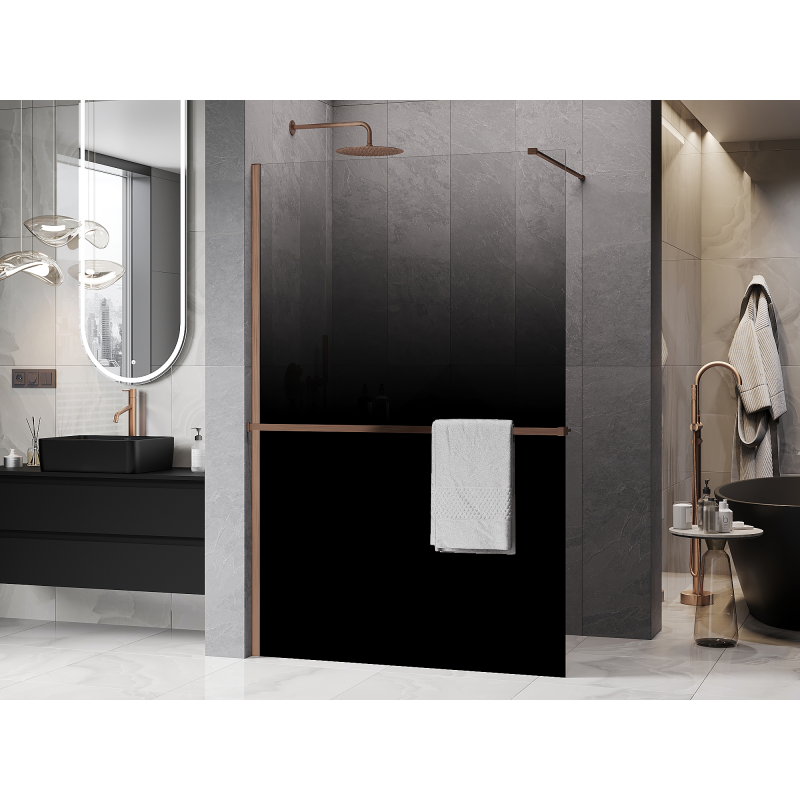 Mexen Kioto+ sprchová stěna s poličkou Walk-in 90 x 200 cm, černá ombre 8 mm, kartáčovaná měď - 800-090-121-65-76