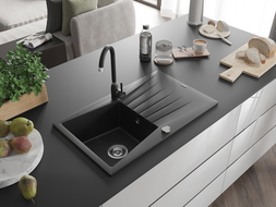 Mexen Cesar granitový dřez 1-komorový s odkapávačem a kuchyňskou baterií Telma, černý - 6514-77-670200-70