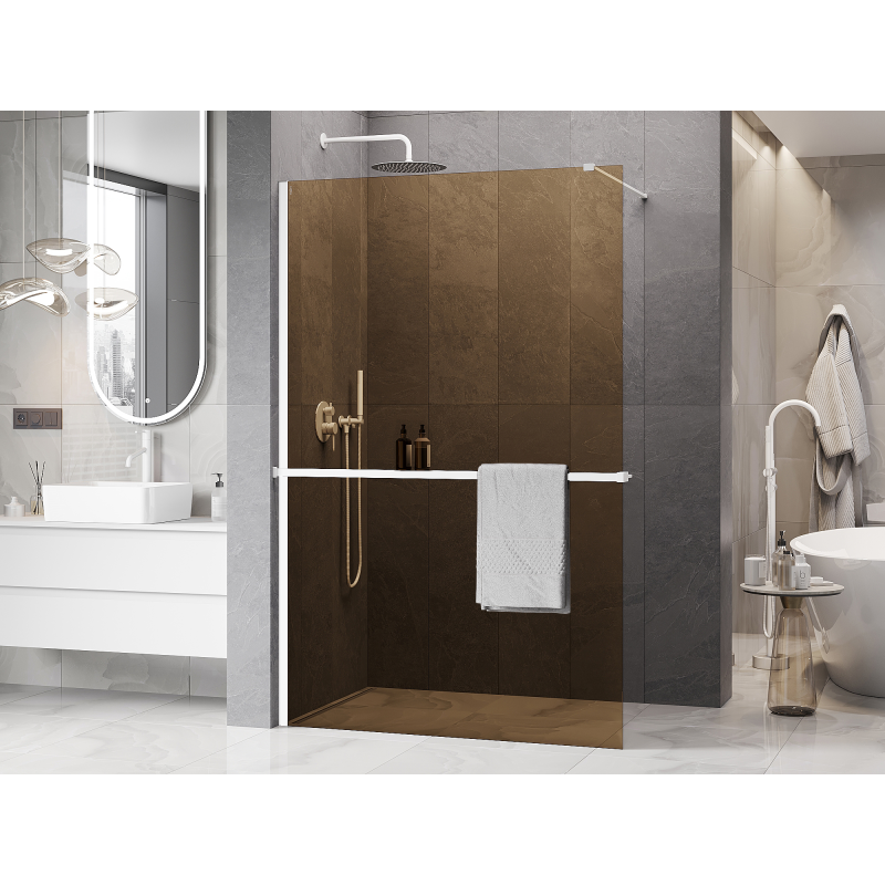 Mexen Kioto+ sprchová stěna s poličkou Walk-in 70 x 200 cm, bronz 8 mm, bílá - 800-070-121-20-32