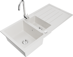 Mexen Andres granitový dřez 1,5-komorový s odkapávačem a kuchyňskou baterií Telma, bílý - 6515-20-670200-00