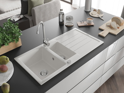 Mexen Andres granitový dřez 1,5-komorový s odkapávačem a kuchyňskou baterií Telma, bílý - 6515-20-670200-00