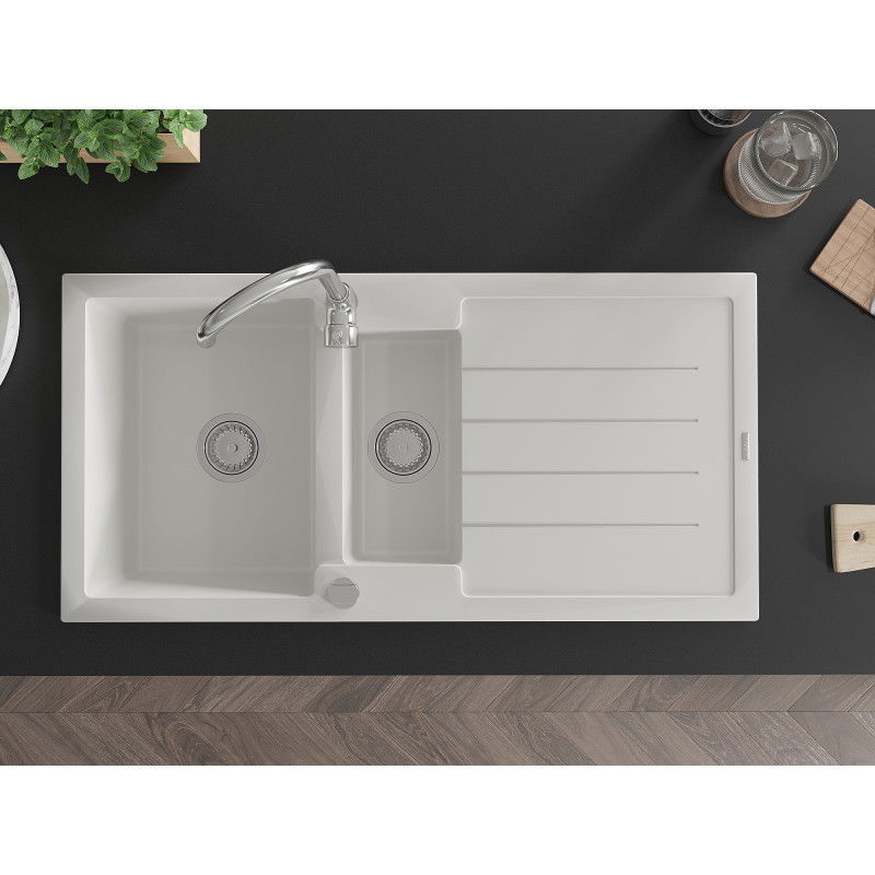 Mexen Andres granitový dřez 1,5-komorový s odkapávačem a kuchyňskou baterií Telma, bílý - 6515-20-670200-00