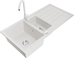 Mexen Andres granitový dřez 1,5-komorový s odkapávačem a kuchyňskou baterií Telma, bílý - 6515-20-670200-20