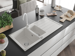 Mexen Andres granitový dřez 1,5-komorový s odkapávačem a kuchyňskou baterií Telma, bílý - 6515-20-670200-20