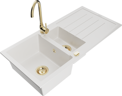 Mexen Andres žulový dřez 1,5-komorový s odkapávačem a kuchyňskou baterií Telma, bílý - 6515-20-670200-50