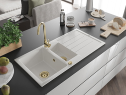 Mexen Andres žulový dřez 1,5-komorový s odkapávačem a kuchyňskou baterií Telma, bílý - 6515-20-670200-50