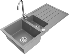 Mexen Andres žulový dřez 1,5-komorový s odkapávačem a kuchyňskou baterií Telma, šedý - 6515-71-670200-00