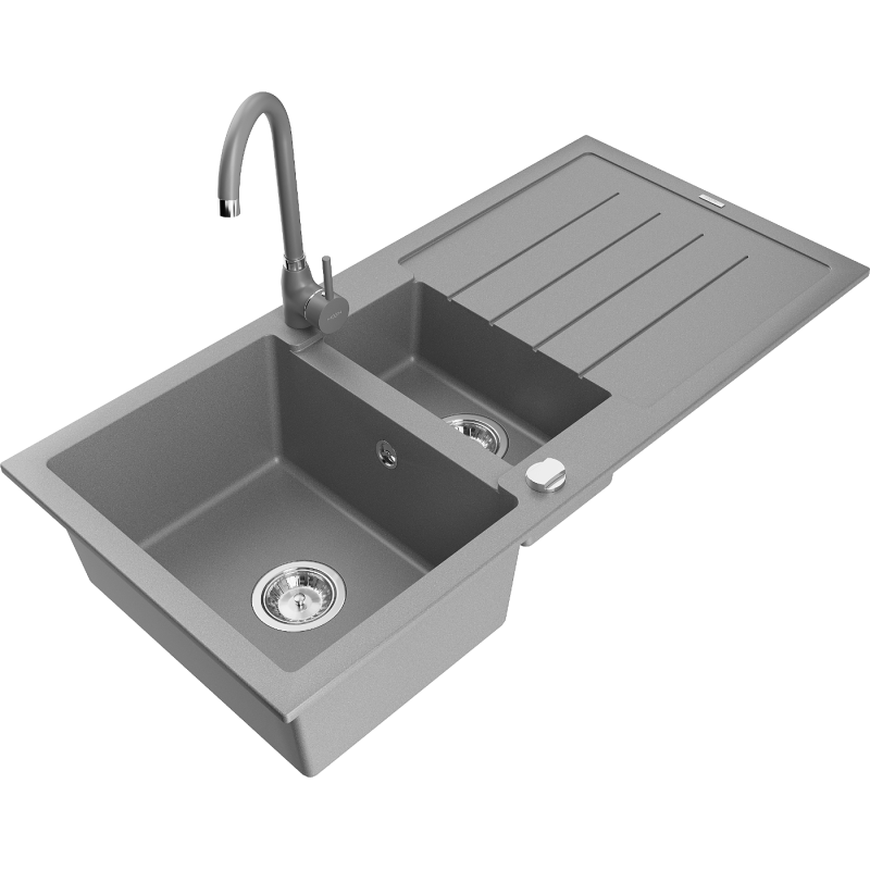 Mexen Andres žulový dřez 1,5 komorový s odkapávačem a kuchyňskou baterií Telma, šedý - 6515-71-670200-71