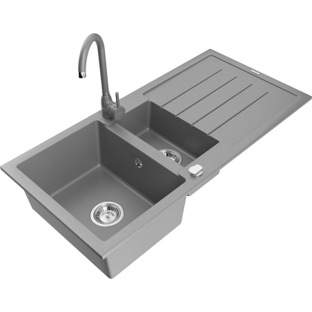 Mexen Andres žulový dřez 1,5 komorový s odkapávačem a kuchyňskou baterií Telma, šedý - 6515-71-670200-71