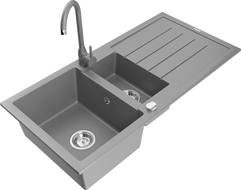 Mexen Andres žulový dřez 1,5 komorový s odkapávačem a kuchyňskou baterií Telma, šedý - 6515-71-670200-71