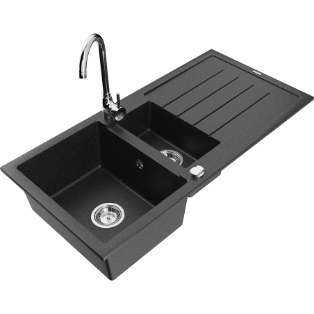 Mexen Andres granitový dřez 1,5-komorový s odkapávačem a kuchyňskou baterií Telma, černý/stříbrný - 6515-73-670200-00