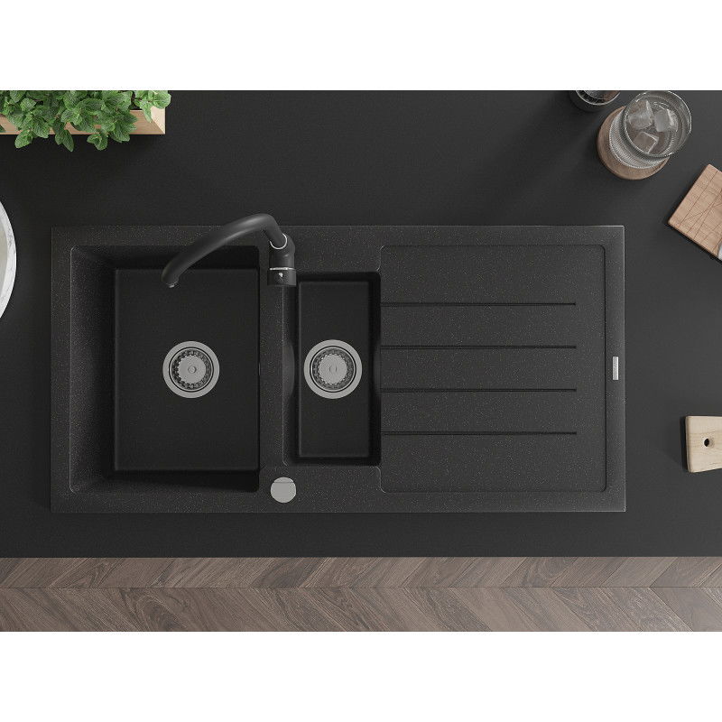Mexen Andres granitový dřez 1,5-komorový s odkapávačem a kuchyňskou baterií Telma, černý/stříbrný - 6515-73-670200-70