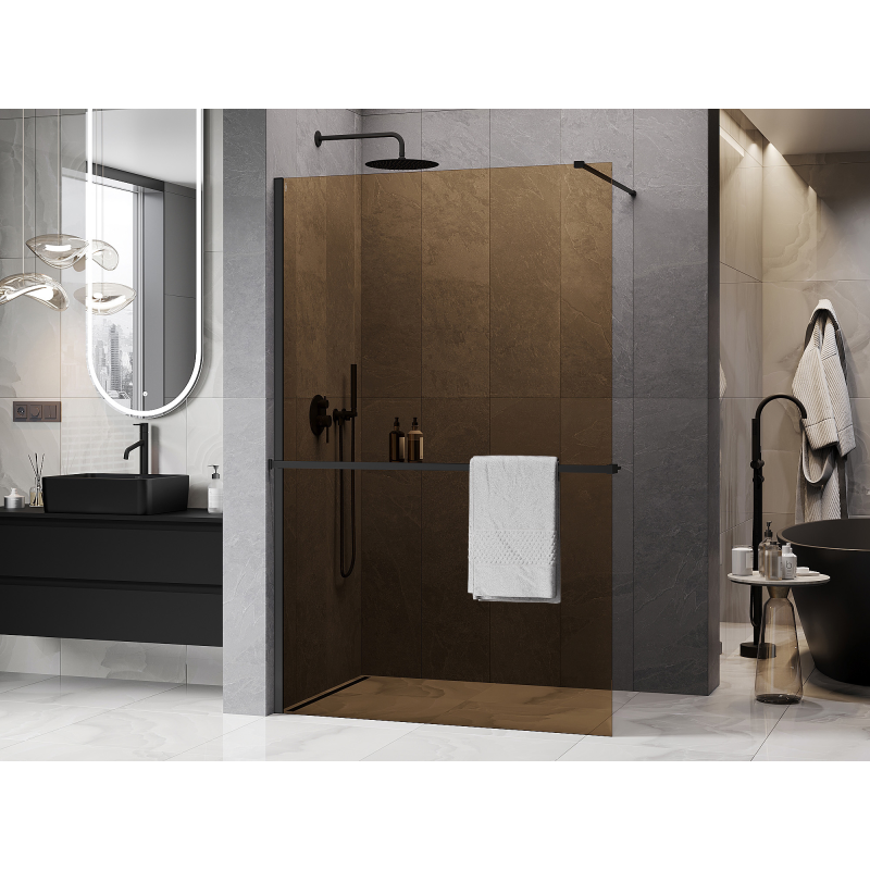 Mexen Kioto+ sprchová stěna s policí Walk-in 70 x 200 cm, bronz 8 mm, černá - 800-070-121-70-32