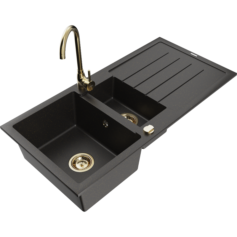 Mexen Andres žulový dřez 1,5komorový s odkapávačem a kuchyňskou baterií Telma, černý/zlatý - 6515-75-670200-50