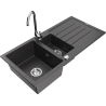 Mexen Andres granitový dřez 1,5-komorový s odkapávačem a kuchyňskou baterií Telma, černý skvrnitý - 6515-76-670200-00