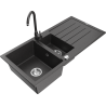 Mexen Andres žulový dřez 1,5-komorový s odkapávací plochou a kuchyňskou baterií Telma, černý s tečkami - 6515-76-670200-76