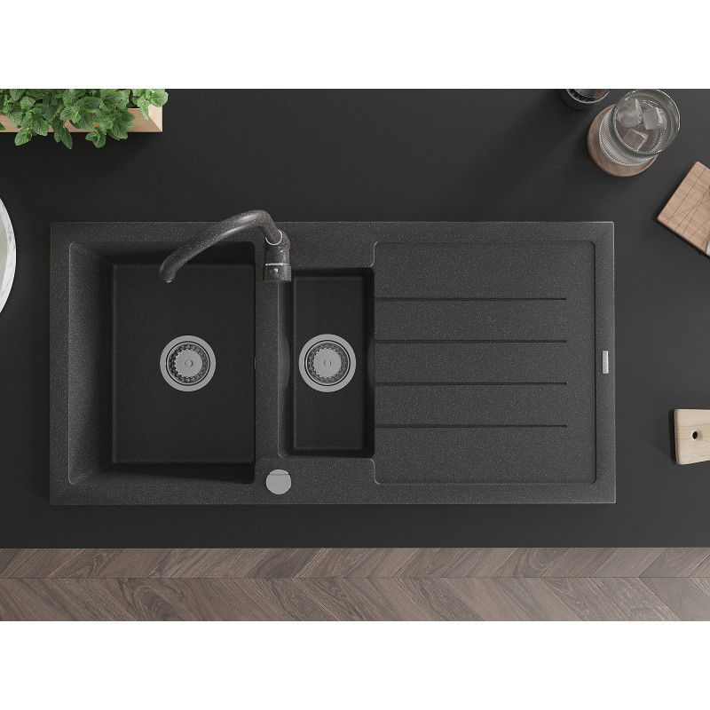 Mexen Andres žulový dřez 1,5-komorový s odkapávací plochou a kuchyňskou baterií Telma, černý s tečkami - 6515-76-670200-76
