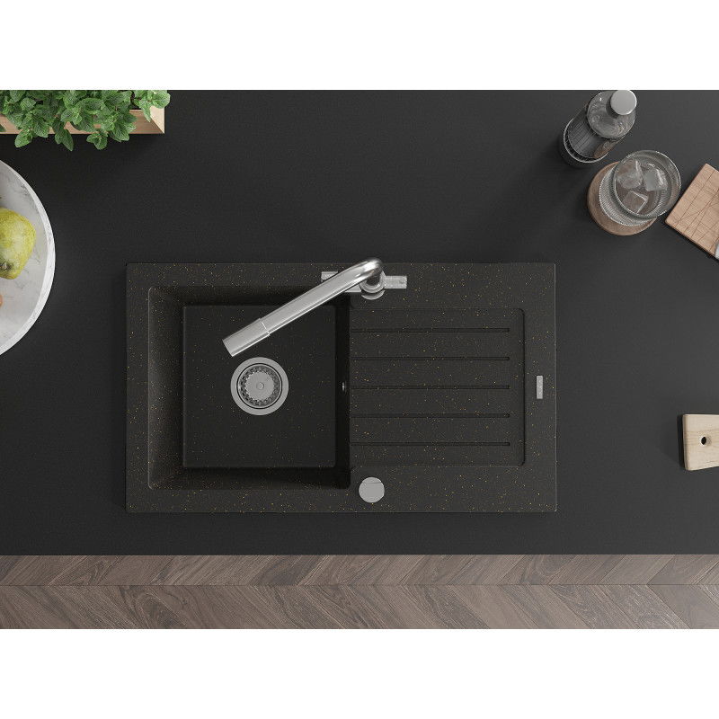 Mexen Pablo granitový dřez s 1 komorou, s odkapávačem a kuchyňskou baterií Duero, černý/zlatý metalik - 6510-75-671600-00