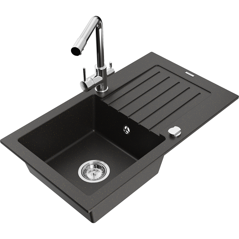 Mexen Pablo granitový dřez s 1 komorou, s odkapávačem a kuchyňskou baterií Duero, černý/zlatý metalik - 6510-75-671600-00