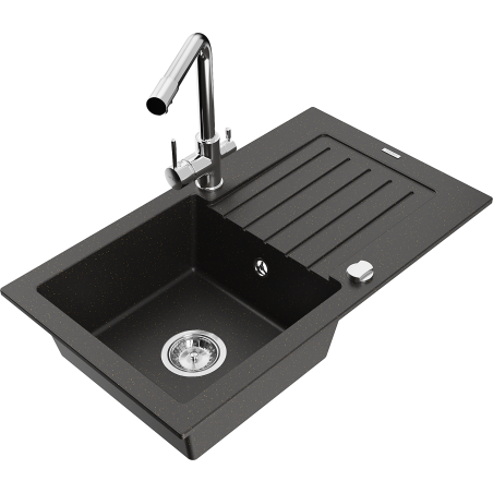 Mexen Pablo granitový dřez s 1 komorou, s odkapávačem a kuchyňskou baterií Duero, černý/zlatý metalik - 6510-75-671600-00