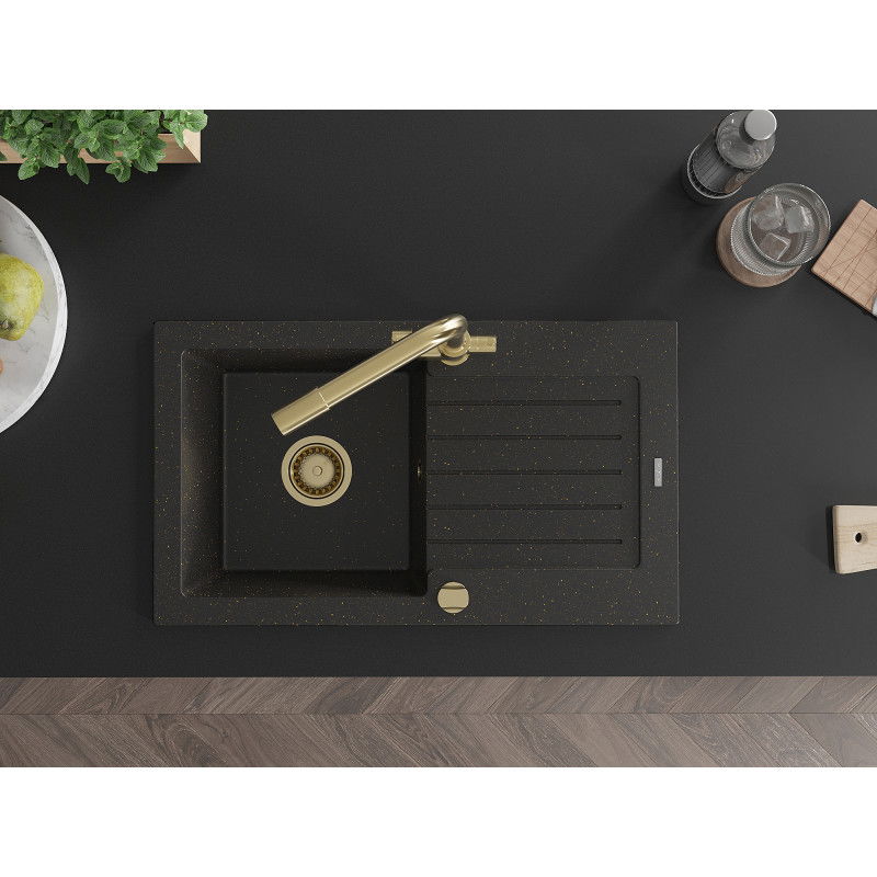 Mexen Pablo jednodřezový granitový dřez s odkapávačem a kuchyňskou baterií Duero, černý/zlatý metalik - 6510-75-671600-50
