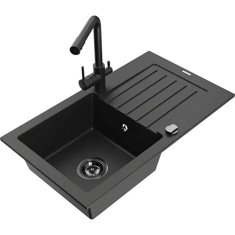 Mexen Pablo granitový dřez 1komorový s odkapávačem a kuchyňskou baterií Duero, černý/zlatý metalik - 6510-75-671600-70-B